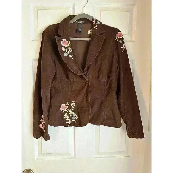 BISOU BISOU Jackets & Blazers - BISOU BISOU BrownTwill Jacket Y2K Floral Embroidery Buttons Long Sleeves SzLG